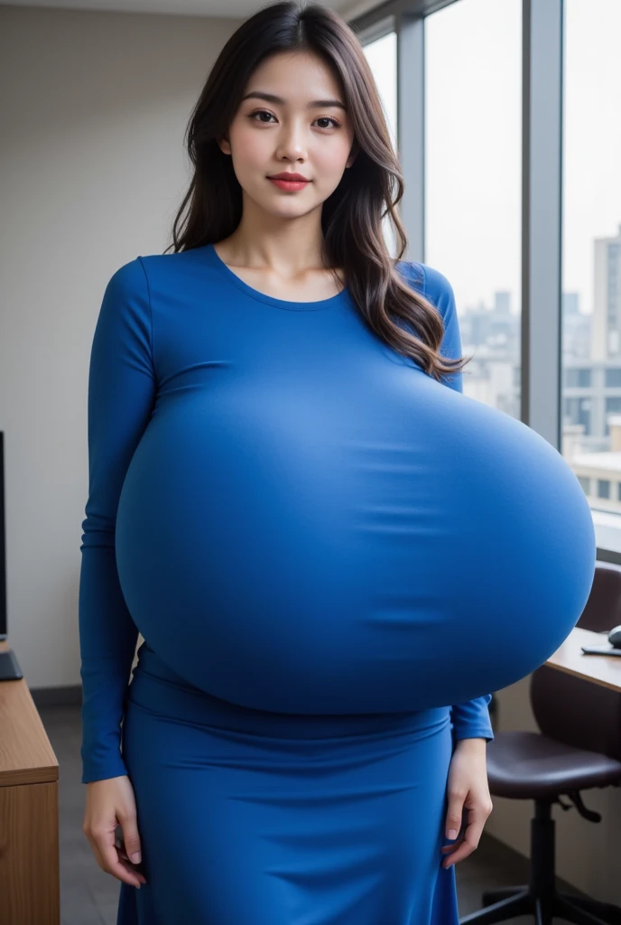 Pregnant woman wearing blue clothes standing at the door of her home, She has a wobbly fat belly, Her belly  fat and round, (black hair), Buttocks swell crazily, extremely plump, Big stomach, thick body, powerful and huge, widest hips, bouncy belly, pregnant belly, pregnant, of plus size models, beautiful thick female，black hair
