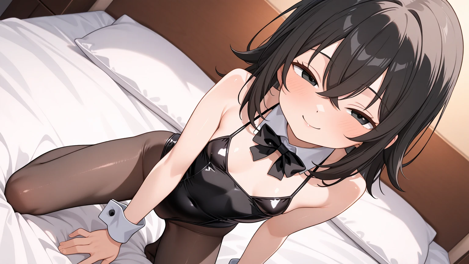 ((The highest masterpiece, the highest quality,, Super detailed, 1 girl、NSFW)),from below、alone,10 years old、POV, Small and cute:1.5, black hair、medium hair、twin tails、bondage costume、leotard、black leather、shiny、glove、embarrassing、blush、cinematic angle、Hotel,mesugaki