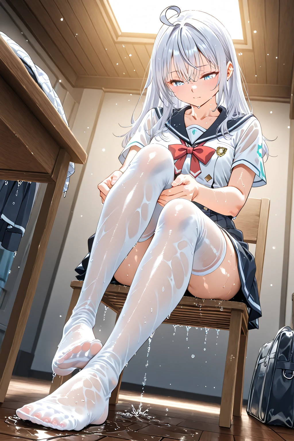 1girl,legs,breasts,foot,masterpiece,best quality,very aesthetic, absurdres,pale hair,pale eyes,light blue eyes,Detailed eyes,(Toes),(buruma:1.3),(simple),wet,shower