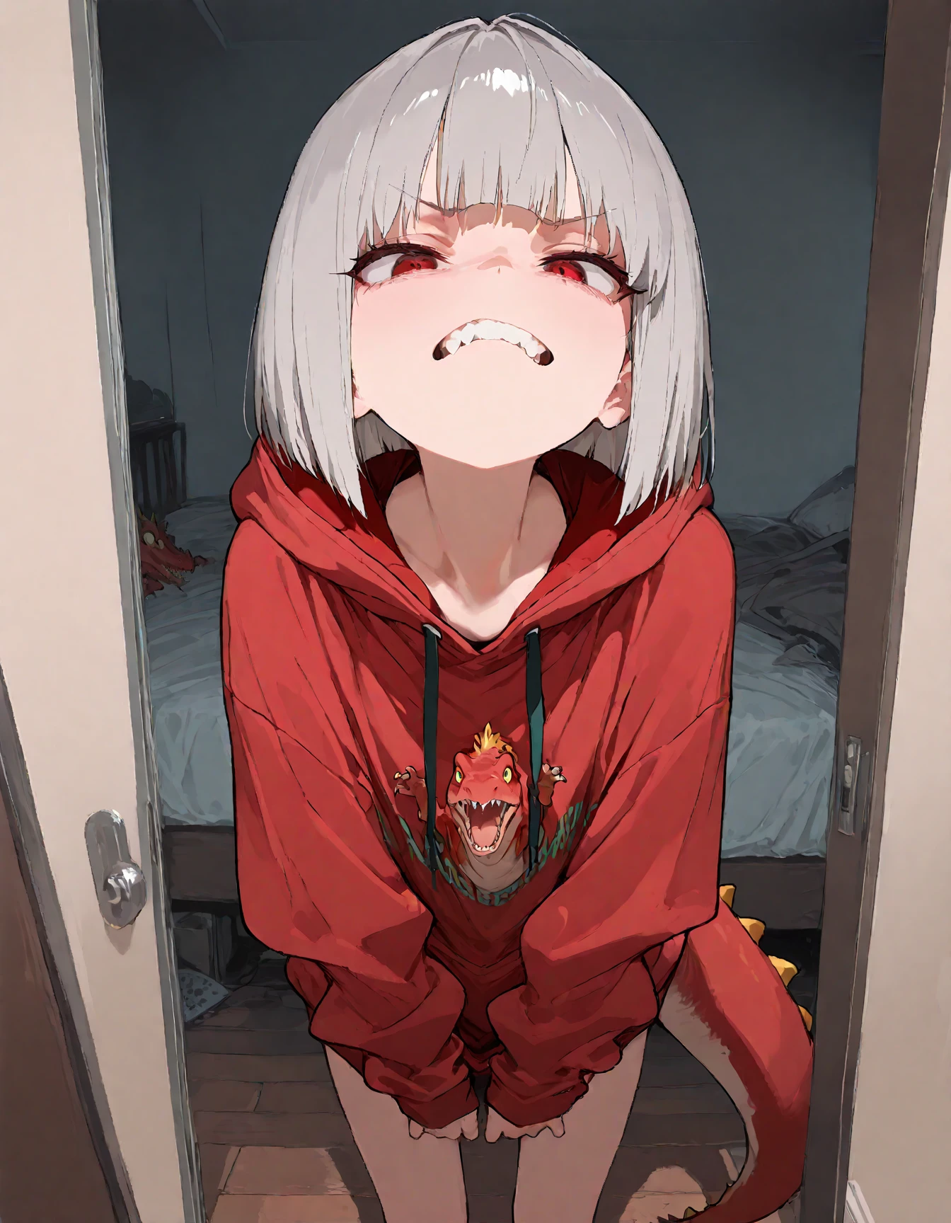Detailed Background, masterpiece, Highest quality, Full Art,smile,One Girl , girl(Medium straight hair, Twisted corners, White skin,Gray Hair, twin bun,mini skirt, Red eyes, 不気味なsmile, hoodie,blush,Smirking face,Ahegao,Sticking out tongue,White Breath),blush,Character portrait, Neon street alley, graffiti, dark, night, Glowing Eyes, Black light,Vibrator,pussy juice,skirt lift,Open crotch ,sex,penis in pussy,creampie,penis,One Little Boy,body covered in semen,doggy style