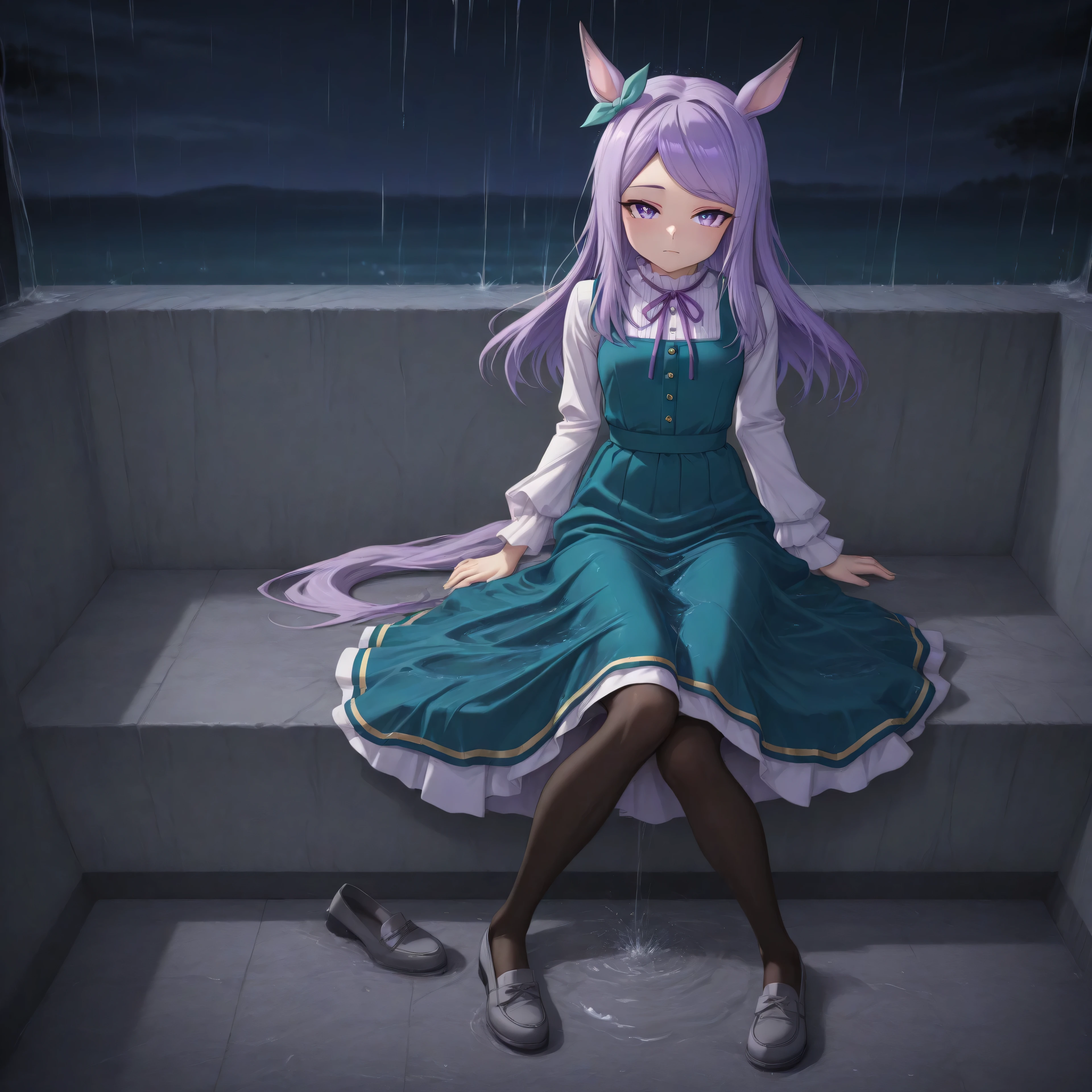 anime, lazypos, masterpiece, best quality, amazing quality, sitting in shower, looking at viewer, dim lighting, night, night time, pov, 1girl, solo, mmacqueen, long hair, purple hair, horse girl, purple eyes, flat chest, mmcasual, aqua pinafore dress, black pantyhose, white shirt, green ear ribbon, purple neck ribbon, grey loafers, shirt under dress, white horizontal stripe,