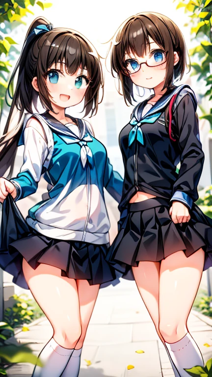 Create an anime-style illustration of a 17-year-old girl named Shizuka. She has long, straight, blue hair with bangs cut straight across her forehead. She has large, almond-shaped silver-blue eyes and porcelain-like white skin. Shizuka often wears glasses.Getting ready in the morning、Super big breasts、(Highest quality:1.4), (super high quality), (Very detailedな), 1 beautiful girl, So cute, (school uniform, Pleated mini skirt:1.5), (Very large breasts:1.1), (Slender body:1.1), (thin and delicate legs), Real skin texture, (Drop your bangs to the side), Bright and shiny lips, Advent of the Beautiful Goddess, Beautiful background, Golden Ratio, Conceptual Art, Very detailed, Accurate, Advanced Details, Outdoor, Sexy Art, Bright light, Ultra-detailed illustration details, 8K wallpapers incorporating highly detailed CG, RAW Photos, Professional photos, Cinema Lighting, , (Nipple protrusions push up the uniform), Cropped tops,
Long Hair