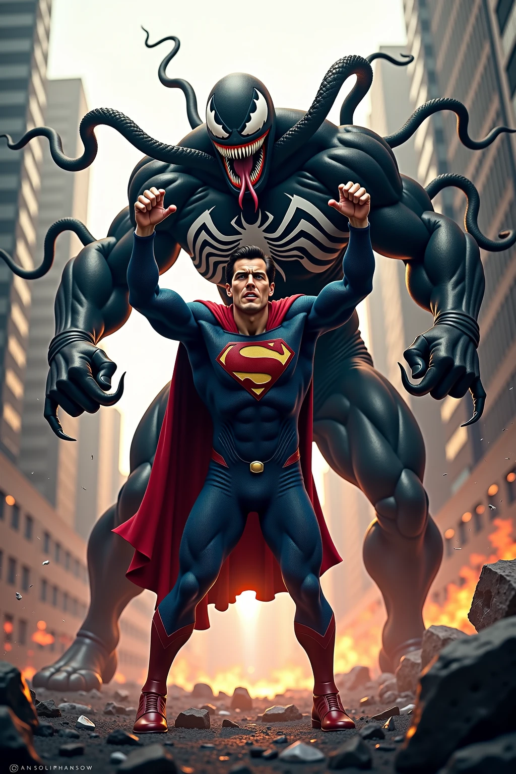 a javascript developer as super hero with letters "JS" on chest and yellow and blue colors fighting against a javascript bug monster in marvel style