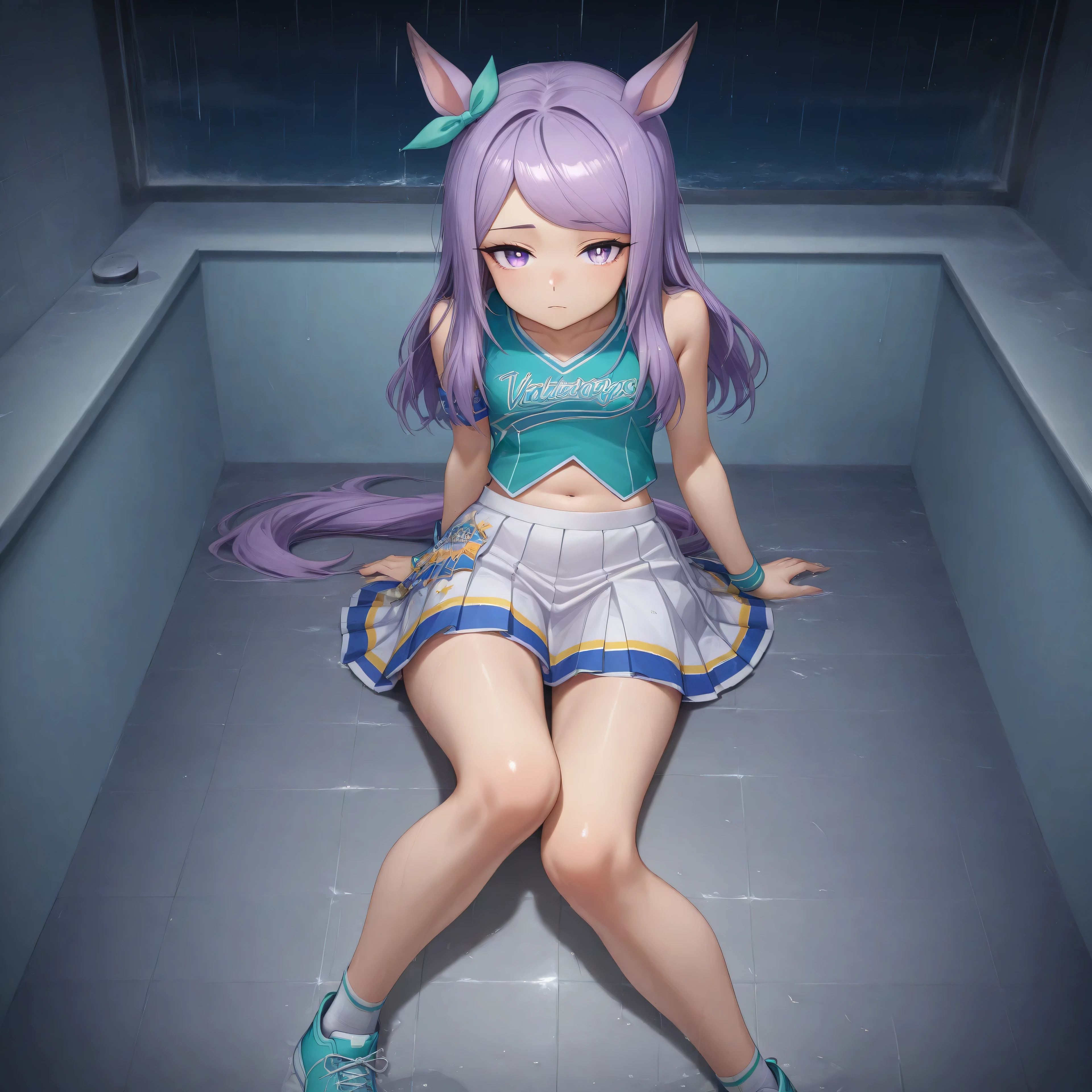 anime, lazypos, masterpiece, best quality, amazing quality, sitting in shower, looking at viewer, dim lighting, night, night time, pov, 1girl, solo, mmacqueen, long hair, purple hair, horse girl, purple eyes, flat chest, mmcheerleader ,aqua vest, aqua pleated skirt, pom pom, green ear ribbon, white kneehighs, aqua sneakers, wristband