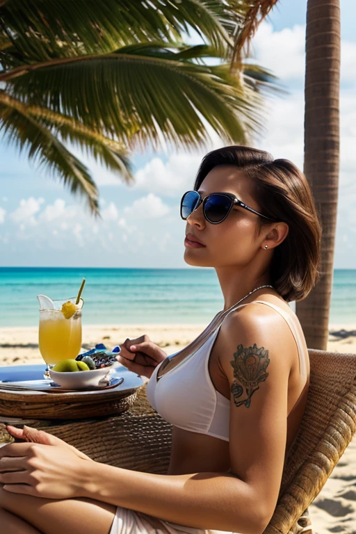 bedroom balcony scenery overlooking the blue sea, bright sunset, young people kissing, woman with short dark brown hair, wearing sexy and marked lingerie, seductive look, with piercings on her face and tattoos on her body, drink in hand , young man, toned body, shirtless and surf shorts, sexy and tattoo, full body photo, realistic portrait, photography.