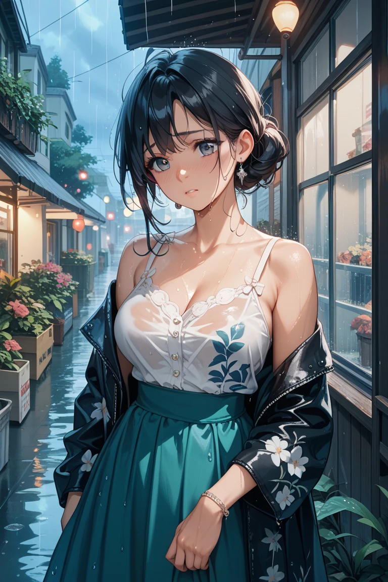 masterpiece, best quality, extremely delicate and beautiful, ultra-detailed, high-resolution, 20 years old, detailed beautiful face, tearful mole, earring, very huge round breasts, short medium hair, wavy hair, wet clothes, full body shot, alone, (assassin), kimono, (armor),