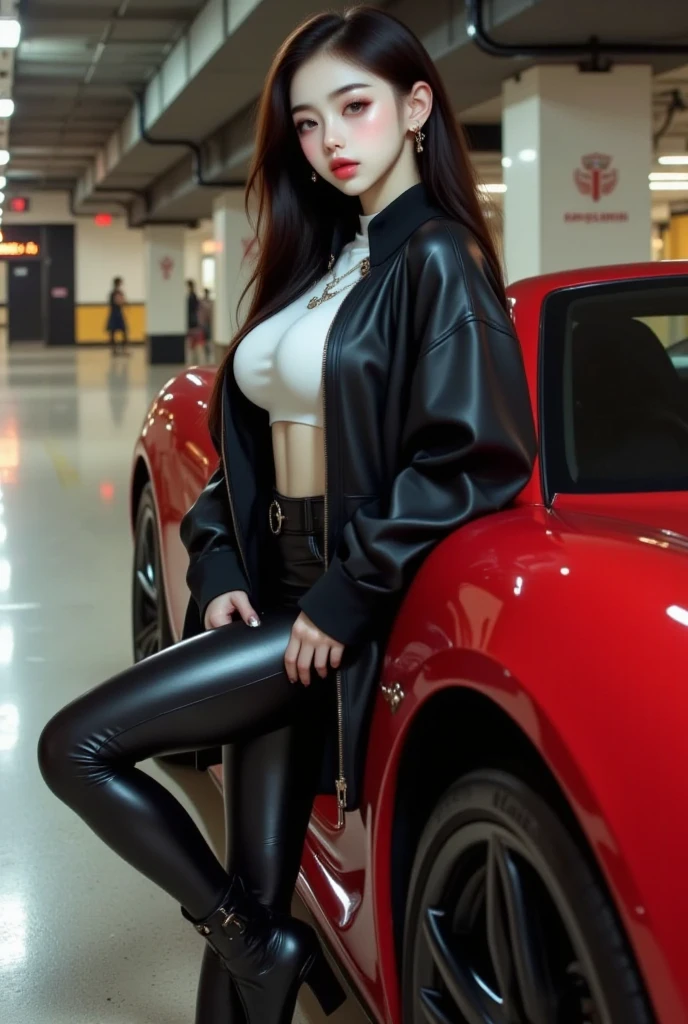 araffe woman in black tight leather dress sitting on a red super car, korean women's fashion model, korean girl, leather seductive clothes, by Yang J, dressed in biker tiny leather, she wears leather long jacket, leather tight clothing, leather, black leather slim clothes, beautiful south korean woman, wearing leather jacket, dressed in short leather jacket, korean woman, gorgeous young korean woman