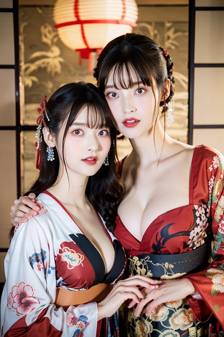 masterpiece, best quality, highres, 4k, 8k, ultra detailed, absurdres,vivid contrast, vibrant colors, full body,1girl, black hair, japanese clothes, solo, kimono, long hair, makeup, hair ornament, red eyes, floral print, looking at viewer, ,nsfw,, (embarrassed,blush:1.3),
,(steam:0.8),(wet:0.8),(sweat:0.8),(trembling:1.3)
,(parted lips:1.3),(harf open eyes:1.4),(feeling weak:1.5) ,red lips, lipstick,black kimono, flower, fingernails, floating hair, eyeshadow、valley、big breasts、Photographed in a Japanese-style room、((1 boy and 1girl are having ??? on bed))、?????, nude, bare、??????????