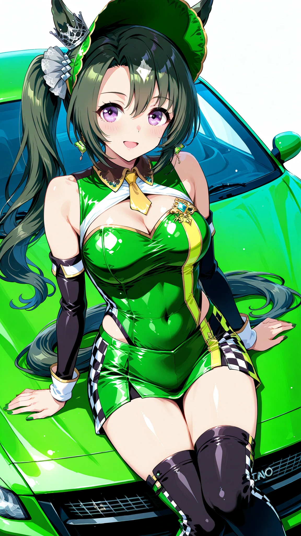 1girl, large breasts, breasts, wide hips, green hair, highleg bikini, bikini, black bikini, yellow eyes, smirk, smile, car, futuristic, science-fiction, tech, neon, neon trim, shoes, machinery, long hair