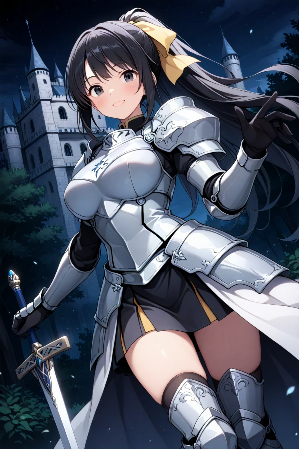 female knight　Black Hair　armor　Torn white skirt　No underwear　torn white tights　battlefield　Leaking poop