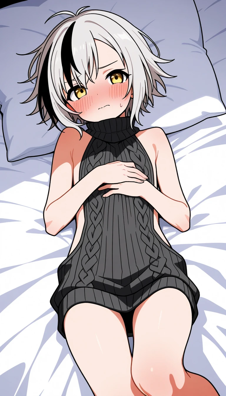 {{{10 years old}}}, fang, 1girl, silver hair, asymmetrical bangs, short hair, closed eyes, sleeping, {{{flat chest}}}, only wearing underboob white camisole, no bra, bottomless, {{{clothes lift}}}, pussy focus, POV, bare pussy, lying on sand, lying on beach, (bare nipples), bra aside, (no panties), {{{vulgarity}}}, skyporn, Nipple Tweaking, puffy nipples, nipples through, vulgarity, ((best quality)),spread legs, spread vaginal, facepalm, sexual fluid, pussy juice, sweat, {{{speculum in pussy}}}