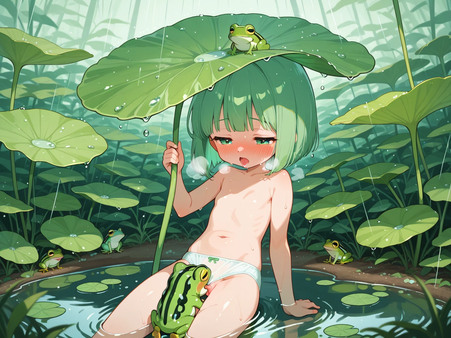 (Frog skin girl),Green Skin,Completely naked,In the water,Anime Style,White belly,In the water撮影