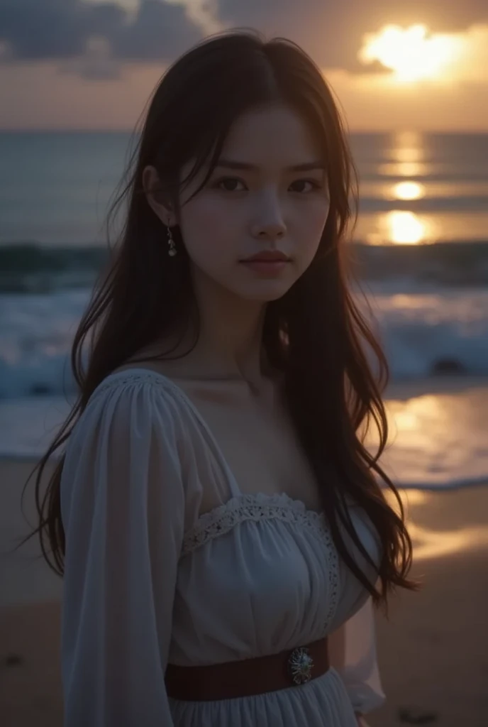 ((Realistic lighting, best quality, 8k, masterpiece: 1.3)), Chinese couple holding hands, facing the sea, clear focus: 1.3, clear face, clear sky, sandy beach, sunset, (HDR: 1.5).