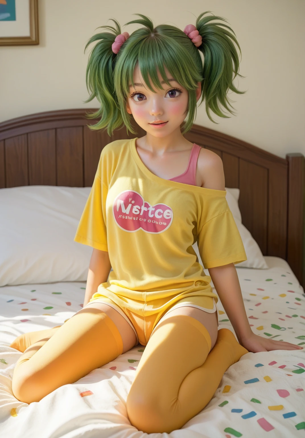 1 girl, solo, solo focus, cowboy shot, People photography,, bob hair,Half Aqua, Half Green, ((brown hair)), (Yellow hair), (gradation hair :1.5), Curly/kinky hair, ((pink eyes)), Super detailed細な目, that's why, (Caramel Black Skin:1.1), (Small TI quality, Super detailed,bedroom,show one's side,hide the chest with your hands,Barely,open your legs,Massage(´-`*)ヘ(´∀`ヘ)モミモミ,???? sex