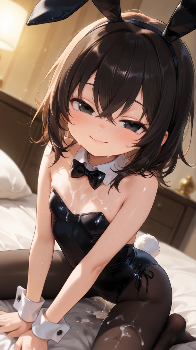 2d, Superb, (Masterpiece), ((1 girl)), (Low Angle:1.2), (Full length), (Shiny  hair:1.6),  (Straight hair with brown hair:1.6),(Shaggy hair:1.3),  (Brown beautiful girl),hyper cute face, (Healthy dark skin), (Sunburn mark), clavicle, (Black Bunny Girl:1.3), (Fishnet tights)，JK,Slender figure ,Glamorous Bare Feet, Beautiful shiny legs,, Brown Eyes, Attractive thighs, Medium chest, bedroom, On the bed, Light from the window, Sexy expression, Sweaty, Wet Hair, Drops from hair,Put your hands on your chest, Breathless, Bold pose、Smiling with teeth showing, Wet body, Glossy Lips,  sole