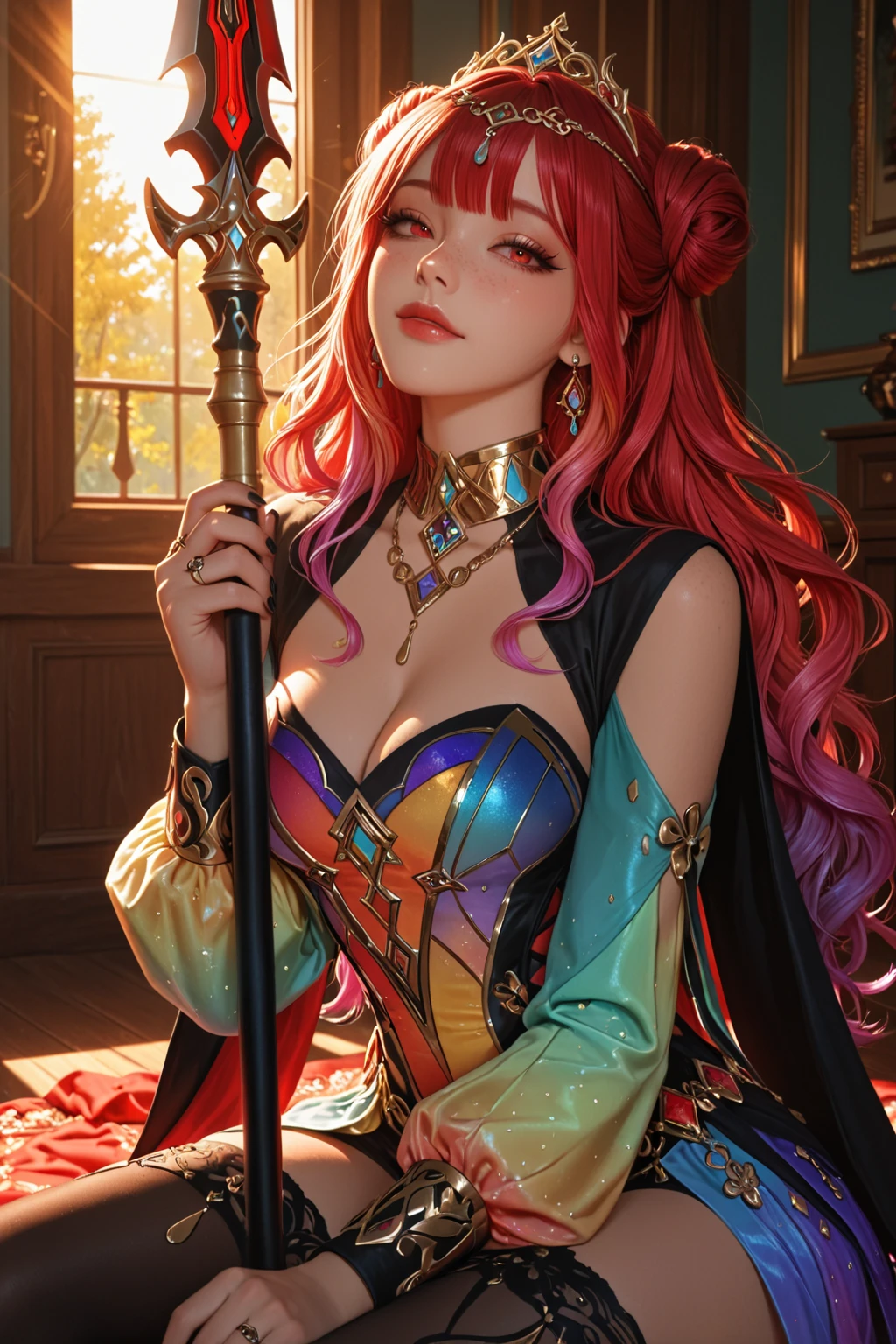 Magenta pink hair, brown eyes, older woman, hair ornaments, cat ears, long hair, smiling face, teal and gold outfit, pretty background, sexy, fashion