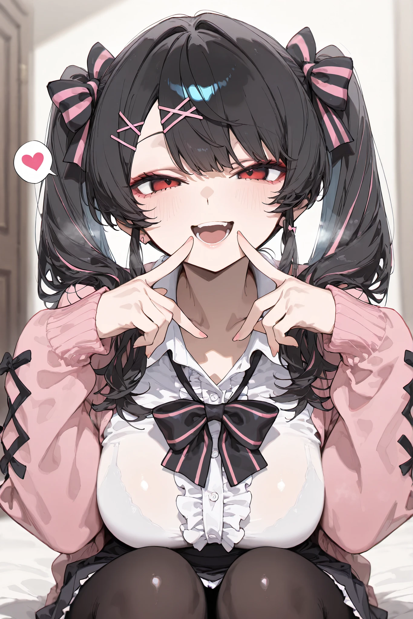 whnzz, enosan, masterpiece, high quality, best quality, detailed eyes, detailed hair, detailed skin, 8K, fine detail,  (masterpiece:1.2, top quality), detailed background, masterpiece, Rutting Eyes, excessive soft breasts, aegyo sal, Masterpiece, Highest Quality,  looking at viewer,   solo,  yoneyama mai,, looking at viewer, blurry, chromatic aberration, portrait, close-up, aegyo sal, whnzz, mnmbcstyle, five fingers, white dress shirt, middle frill, pink cardigan, black hair, long twintails, smile, half closed eyes, black pantyhose, skirt, , hair bow, striped bow, pink bow, x hair ornament, white shirt, striped bowtie, black bowtie, jewelry, center frills, pink cardigan, multicolored bow, long sleeves, black bow, close-up, portray, spoken heart, steaming, open mouth, five fingers, precise fingers