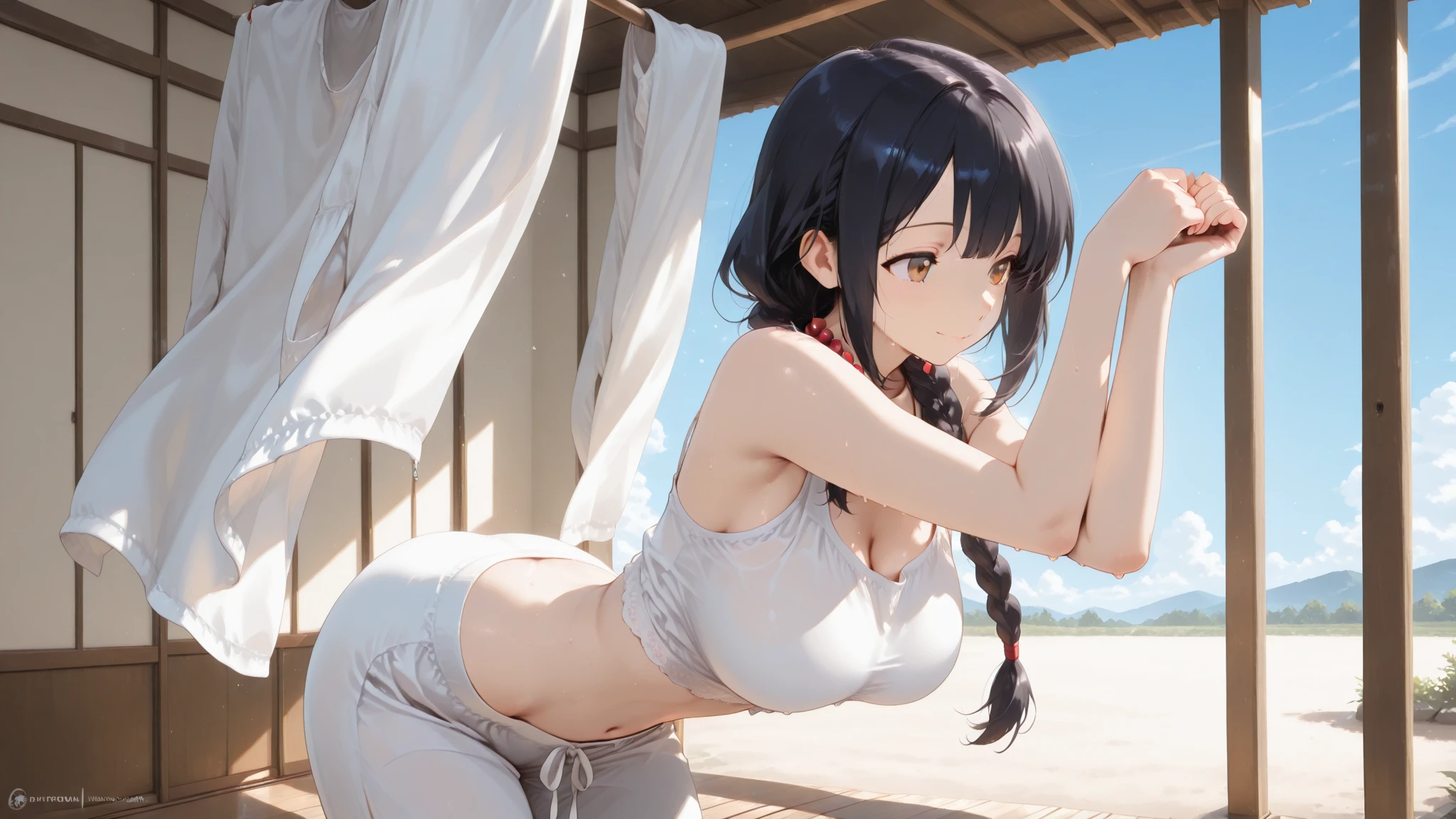 A young woman is drying clothes on the terrace of the house. She is wearing red underwear. Her hips are big and heavy. It is evening and it is sunny.