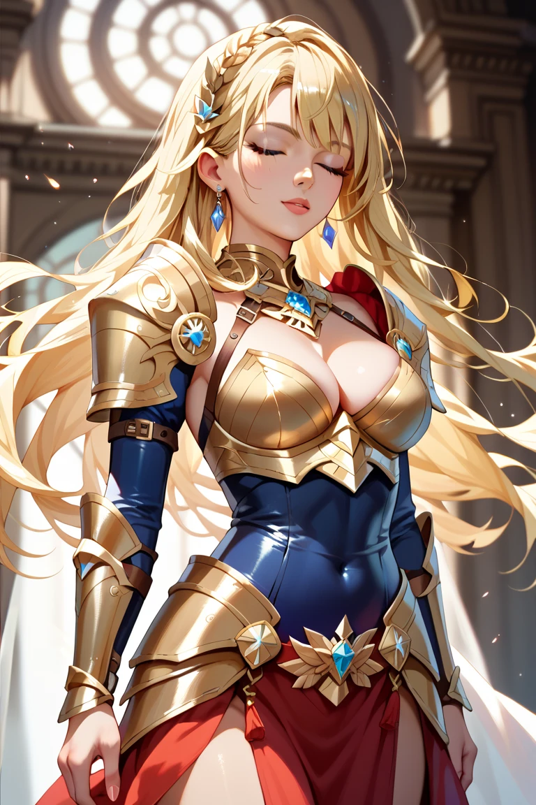 A girl is posing for a photo, cute女の子, Enchanting girl, Anime Girls, 

(Blonde、Wavy Hair、Shaggy Hair、Long Perm), (Red eyes, Slanted Eyes), ((Dark Skin)), break 
(((armor:1.2、Full Armor、Gauntlet、Shingard、Blue Cape))、(sword、shield))、

(((highest quality)), ((masterpiece)), (Very detailed), (High resolution), (Beautiful detailed sparkle), (High detail), (Anatomically correct)), ((Realistic)), ((The best CG)), Ultra-detailed art, CG illustration, 16k, 1080P, Oil paints:1.2,   

(((One Girl))), 
(Symmetrical facial features, Perfect Face), Beautiful clavicle, (Beautiful fingers), (Beautiful breasts, (Ｃcup)), 
Beautiful body, Beautiful thighs, Beautiful feet, Perfect round butt, (((Detailed skin, Oily skin, Textured skin, Beautiful Skin))), 

(((Baby Face, cute, 16 years old))), Double eyelids, Long eyelashes, 
(Expression of fine eyes, Beautiful and delicate eyes, Sparkling eyes, Eye Reflexes), 
(Beautiful Nose,Thin Nose), 
(Glossy Lips, Beautiful Lips, thick lips), 

(Beautiful Hair, Shiny Hair, Shiny Hair), Hair fluttering), 

(mouth hold),  
BREAK 

(noon、(Fantasy World、castle town)), ((Walking、Cowboy Shot))
