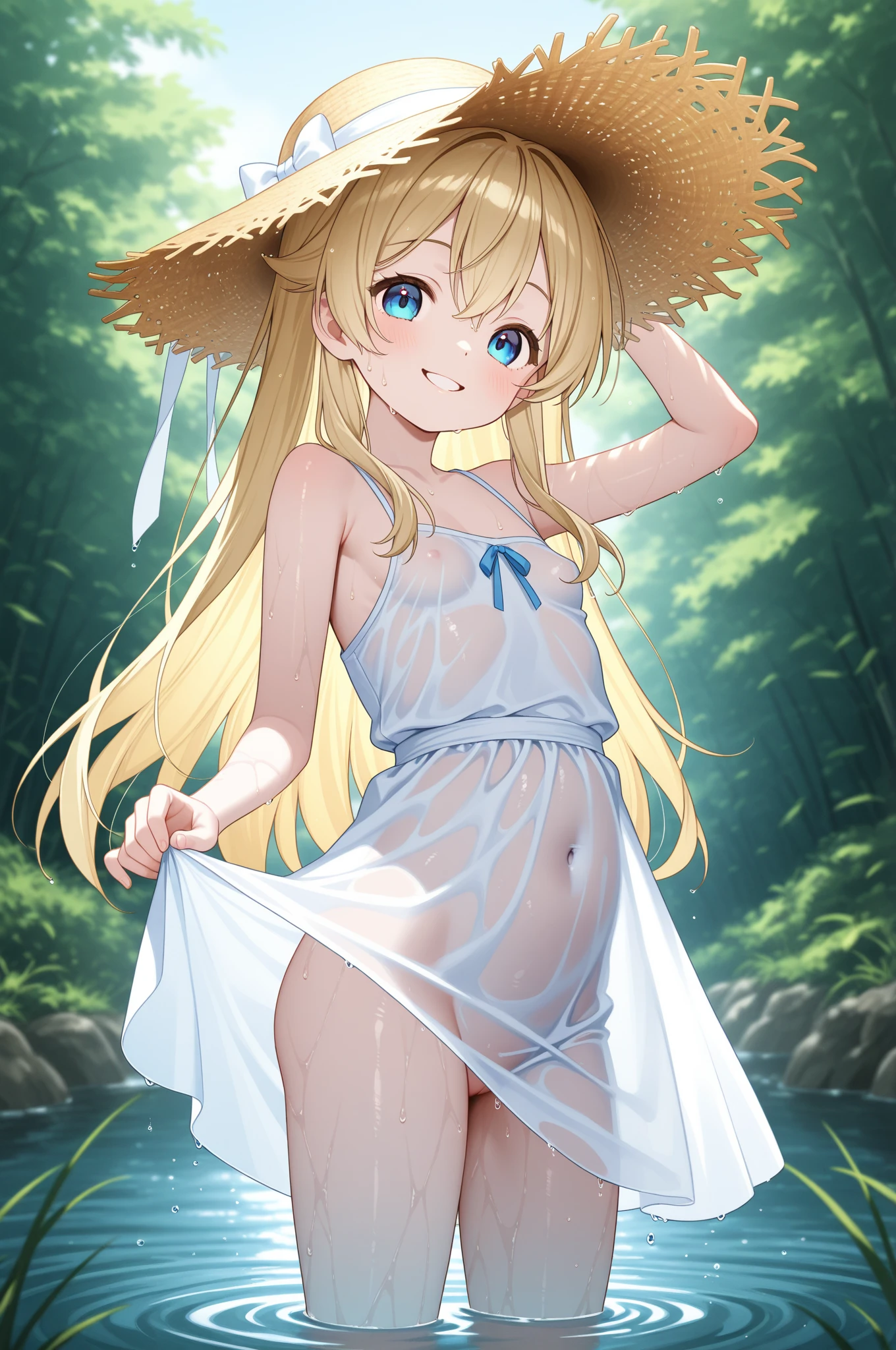 (masterpiece), (best quality), (detailed), light layer, 1solo girl, young girl in the forest, sexy transparent colonial dress, perfect body, blonde hair, defined chest, defined collarbone, ultra realistic, photorealistic, detailed, perky see-through nipple, wet clothes,