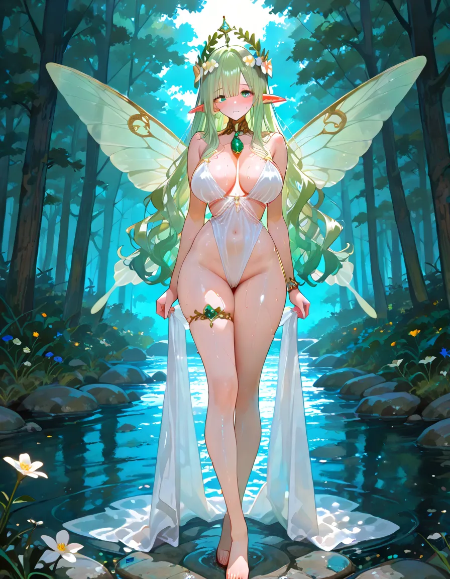 Best quality, ultra-high-detailed, in a seductive pose. Detailed face, detailed full body, big breast, curvy ass, oily skin, symmetric face, cute, with a belly pin, ponytail hairstyle, blonde elf girl with long wavy hair and blue eyes, pussy cameltoe in a blue long see through sheer dress with gold embroidery, top stripped at breast making her breast naked, standing in front of a waterfall in a dense forest, butterflies flying around her, enjoing the nature, solo, wind blowing lift ups her sheer and her pussy is visible