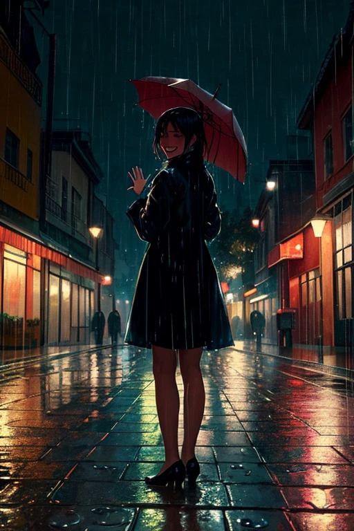 masterpiece, highly detailed, cinematic, 4k resolution, stunning, breathtaking, dramatic, Dancing in the Rain, impressionistic, woman, silhouette, cityscape, soft light, joyful, romantic, flowing hair, smiling, umbrella, streetlight, nostalgic, no blurry, no low resolution, no ugly, no deformed, no unrealistic, no cartoon, no anime