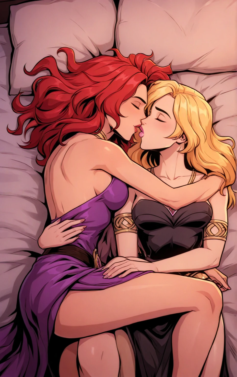 Magik (blonde) and Dark Phoenix (red hair) kissing in bed, photorealistic, 8k, Photo raw, depth of field