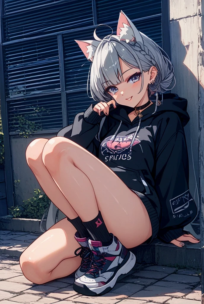 (extremely detailed CG unity 8k wallpaper), (an extremely delicate and beautiful),
(cinematic angle), (stylish pose:1.2), (photography event, In the Akihabara city areas:1.3), squatting, (knees together feet apart:1.2), (hoodie, long sleeves:1.3), thick thigh, (shark hood), fang, grin, medium breasts, boots,