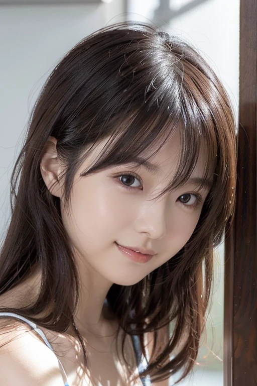 nfsw、table top、masterpiece、1 girl、(close up of face、cowboy shot)、View from the front、Japanese、very young cute woman、(the cutest girl in the world)、18歳のCompletely naked学生、face becomes smaller、big and full breasts、((Completely naked:1.5))、smile at the cafe、Scrunchie、thin necklace、glamorous look、super cute face、glossy lips、double eyelids in both eyes、 natural makeup、long eyelashes、shiny smooth light brown hair、bangs、short hair with twin tails、非対称のbangs、center image、8K resolution、advanced details、detailed hairstyle、detailed face、great movie lighting、octane rendering、vibrant、Super realistic、perfect limbs、perfect anatomy、naked,((Full body figure))