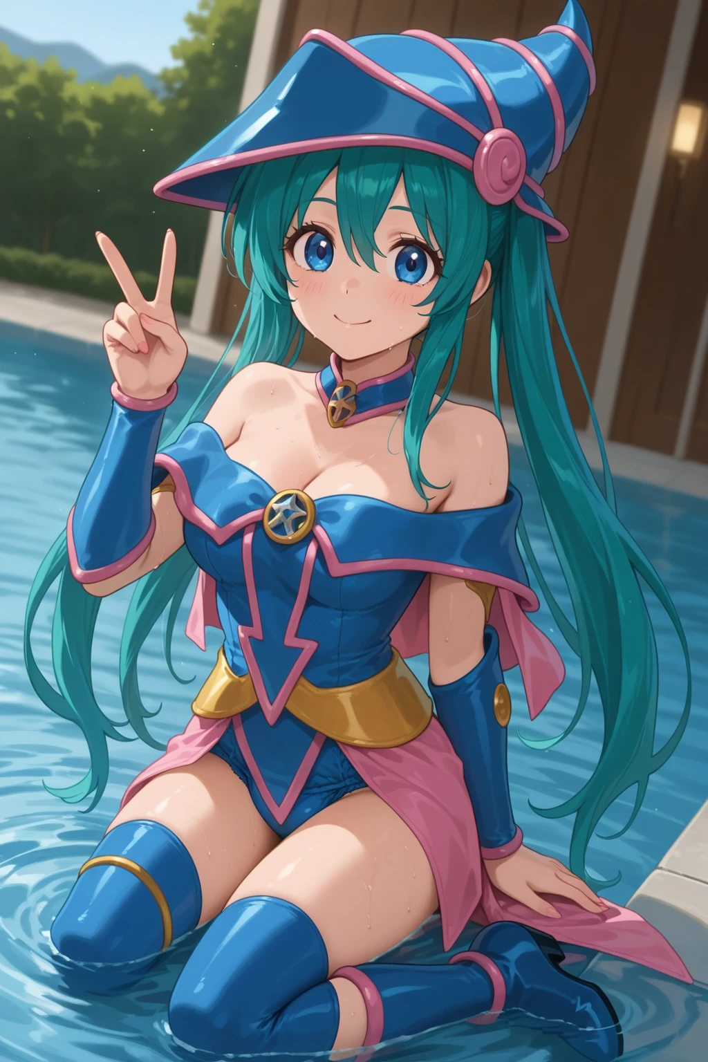 (masterpiece、Highest quality、Highest quality、Official Art、Beautiful and beautiful:1.2)、(One girl:1.3)Hatsune Miku、Twin tails,Beautiful breasts,Highest quality、One Girl、Whole Body Ezbian、Baby Face、Laughing with your mouth open、Cool、Cute eyes、Bunny ears、Purple Wizard Clothes、huge 、purple wizard hat、