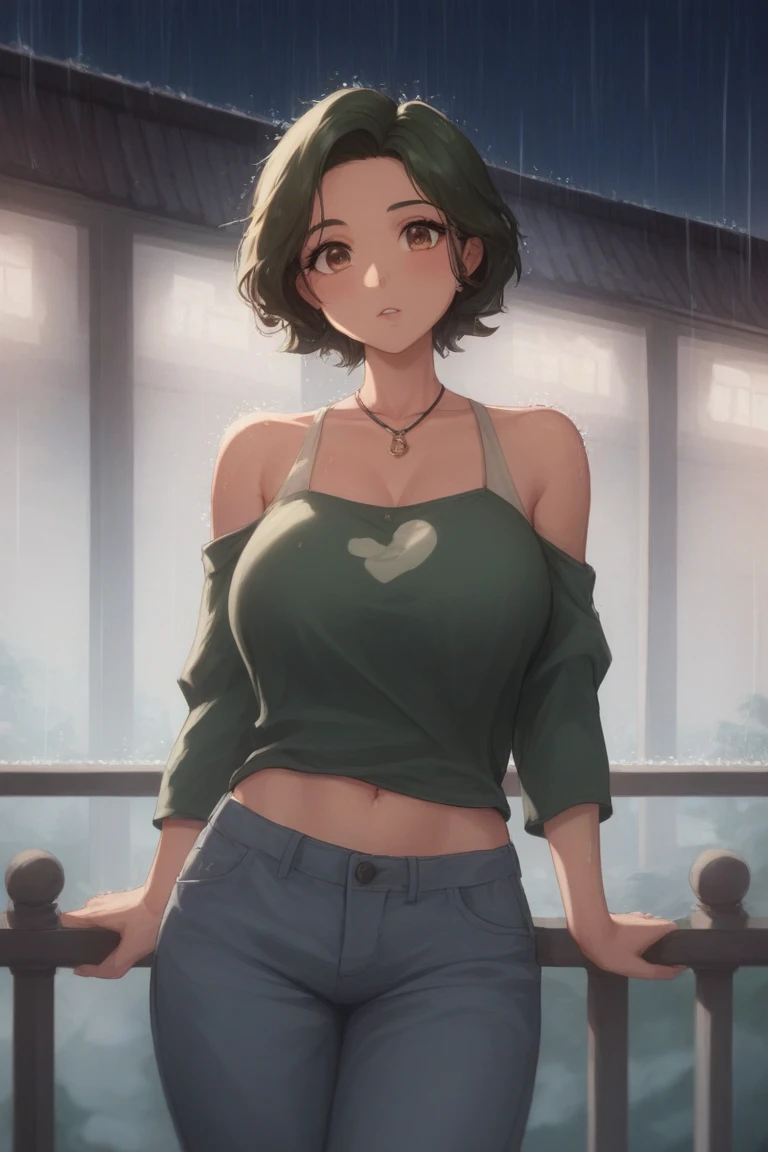masterpiece, (sharp focus), a young woman with short hair, hair strain in between eyes, age 23, cool haircut, wearing sunglasses, white tank top, (see through tank top, wet tank top), flowing green skirt, front view, confident smirk, sunbeams, warm atmosphere, high quality, dynamic lighting, 8k uhd, full-size picture, full-body picture, (perfect hands)