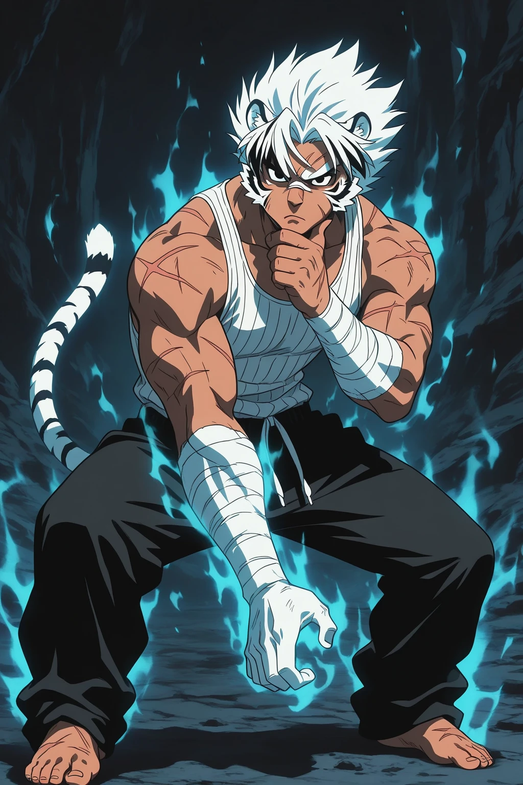 Hünkel,bandage,Silver Hair,Well-trained muscles,18-year-old boy,Huge penis,((Being pinned down by black tentacles)),Open your arms wide and clench your fists,Open your mouth wide,Wide-open eyes,Many protruding veins,((Countless black tentacles pierce my chest)),Full body images,Painful expression,Black undershirt,Being crucified
