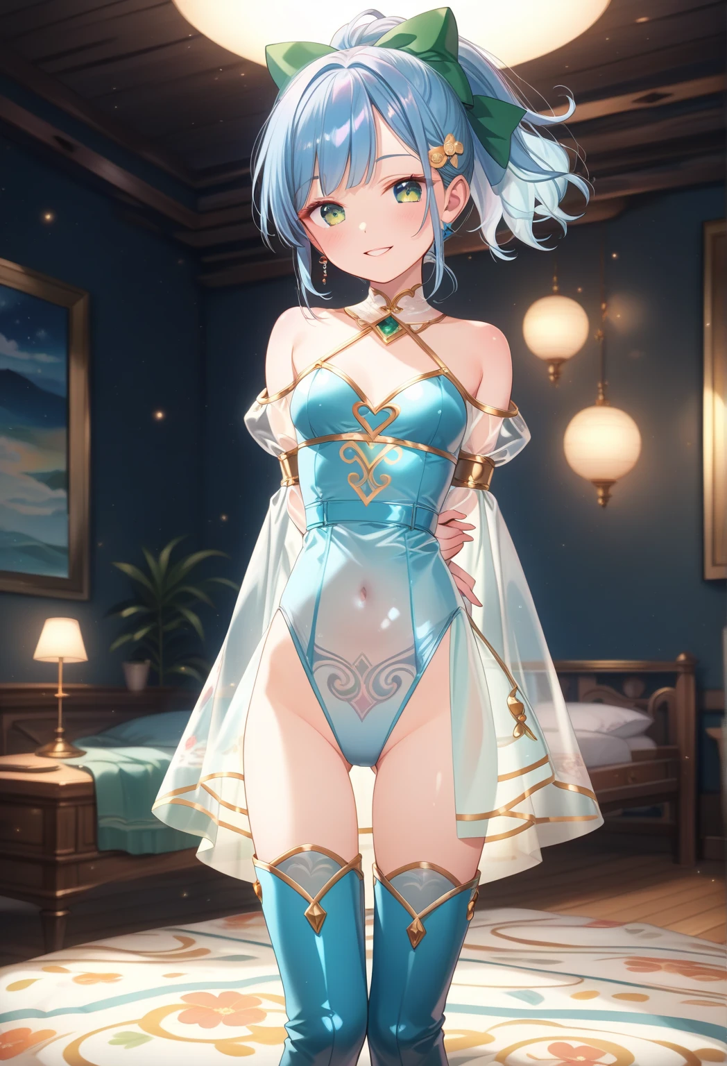 masterpiece, highest quality, High resolution, brown eyes、smile、ballerina、Classical ballet、In town、Blissful expression、short hair,blue hair, white skin、thick legs、,embarrassing,