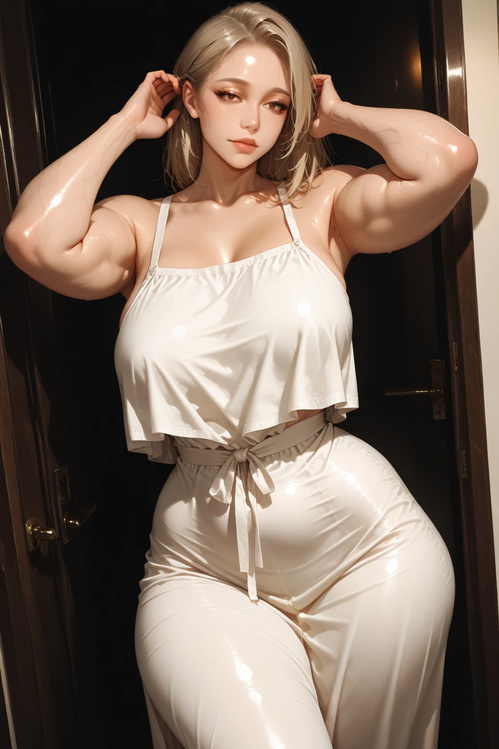Massive, beautiful, buff, light brown skinned muscular woman with white hair, blue eyes, black lipstick, ginormous bulky muscles, (wearing a white long sleeve turtleneck dress with pantyhose), (close view), massive muscles, long straight hair, in the front office, pantyhose