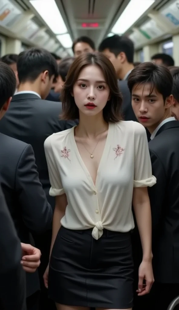 (32K:1.9, Highest quality, masterpiece, Ultra-high resolution, Professional low-angle camerawork:1.5, Very detailedな肌と顔の質感:1.4), Always accurate, Very detailed, ((25 year old Japanese woman, Big breasts on the verge of collapse:1.2, crowded train:1.6, Several men touched parts of her body.:1.9, A tight skirt and a white shirt:1.5, Incredibly slim body:1.3, areola is not visible)), Fair skin, elegant, sense of cleanliness, Thin eyebrows, (Big eyes that exude beautiful eroticism:0.4, Embarrassed smile:1.0, I despise you from the bottom of my heart:0.8, Open your mouth a little, lipstick, Feel the beautiful eroticism:0.9), (Wet dark brown medium length hair), Bag, Earrings, necklace, bracelet, romantic, mysterious, Object of admiration, original, dramatic, artistic, Innovative, charm, Heartful, Fancy, sense of openness, special, (exciting, Extreme, Tilt, sense of loss, suffering, sufferingの表現), (((若さのcharm, 女性的なcharm)))