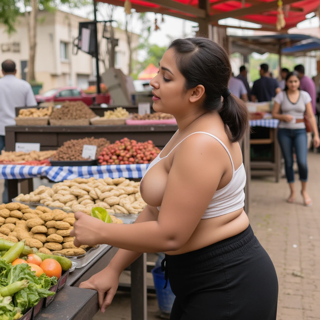 realistic photo of a woman working in a market stall, dynamic pose, ((shocked expression)), desi:0.5 <lora:shocked_v1:1>