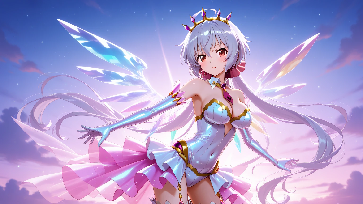 cure holy(magical girl, cool beauty, middle breast, heart motif tiara, short hair, silver hair, gold eyes, white dress, white long boots, white opera gloves,)
