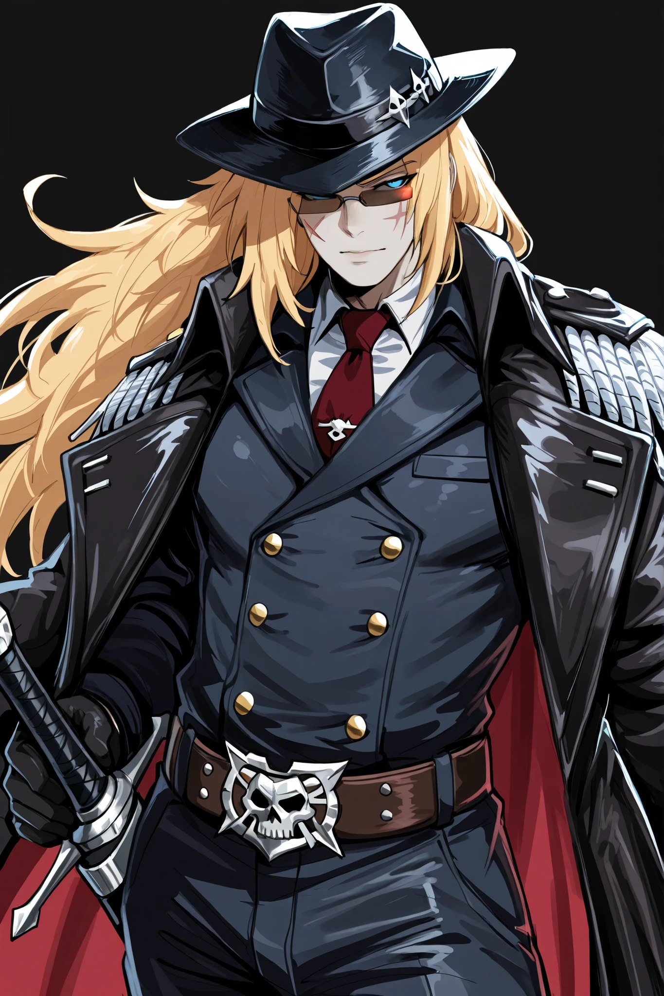 fantasy, warhammer Templar Witch Hunter, 1male, male focus, solo, long hair, blonde hair, blue eyes, serene expression, cut scar on cheek, A long double-breasted leather coat in dark graphite colour with a high collar that accentuates the silhouette, a semi-military jacket in the style of an officer's uniform with peaked lapels and a strict cut, a simple white shirt paired with a burgundy tie, straigh, formal trousers with a perfect crease complemented by a leather belt with a massive silver buckle, fedora with a hard visor, Thin glasses with tinted lenses, glowing eye under glasses, scabbard with sword, simple background, masterpiece, best quality, newest, absurdres, highres, new, kurenaiz,