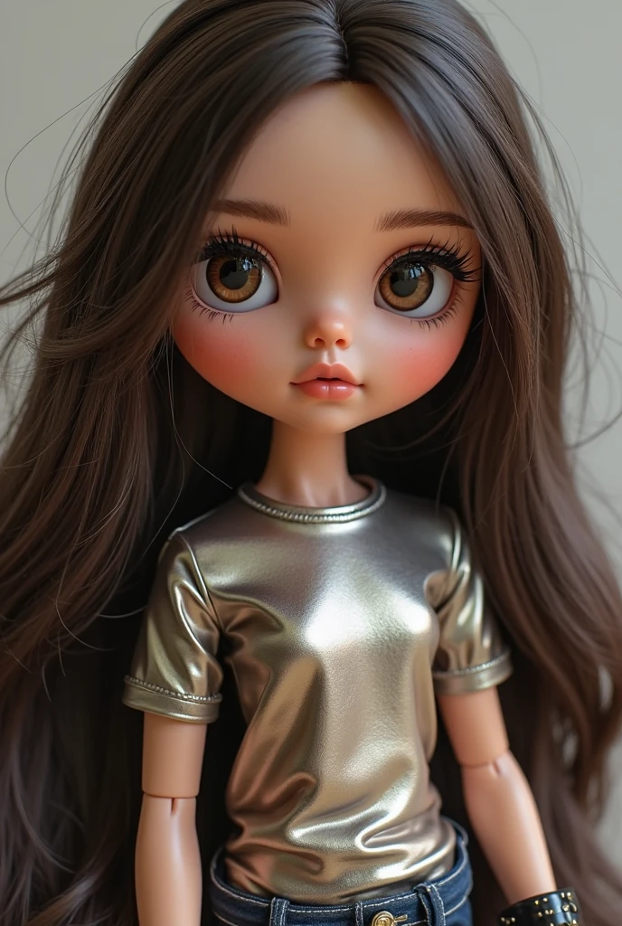 A brown skin blythe doll, long hair with sparse brown bangs, dark brown eyes, long eyelashes, brown lips