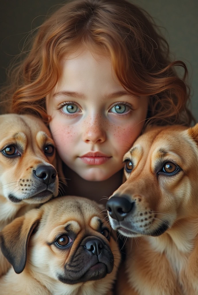 a cute teenage girl, 6 adorable white puppies, beautiful detailed eyes, beautiful detailed lips, extremely detailed eyes and face, long eyelashes, cute and adorable expression, beautiful young girl, soft lighting, warm color tones, (best quality,4k,8k,highres,masterpiece:1.2),ultra-detailed,(realistic,photorealistic,photo-realistic:1.37),colorful, vibrant, adorable, cute, kawaii, highly detailed, intricate, whimsical, magical, fantasy, soft focus, dreamy, warm lighting, oil painting