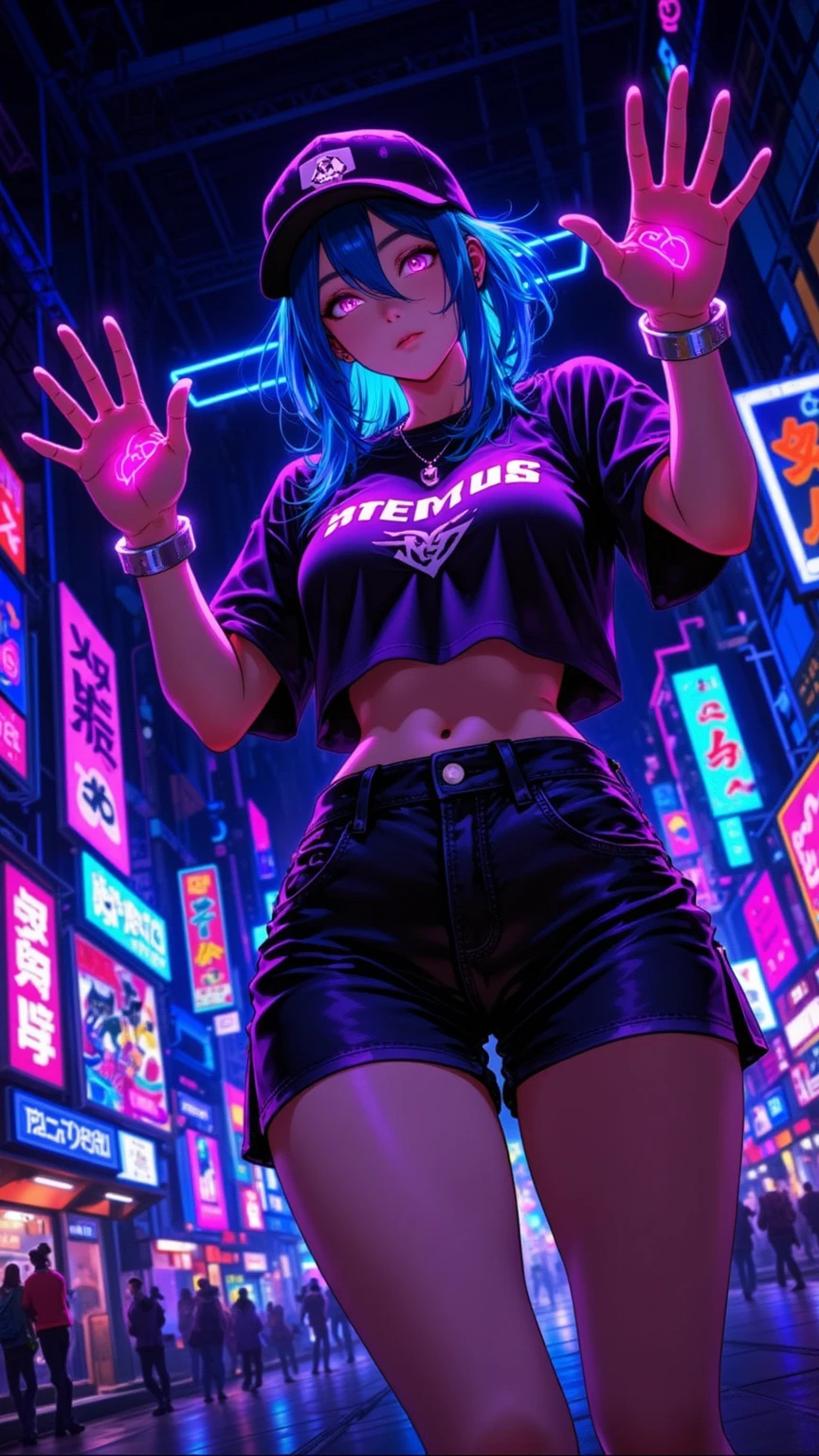 (Hyuuga Hinata, Very sensual, Wearing tight clothes, Big Ass, Thick legs, Jeans Shorts, Wearing a mini blouse, Navel comes out, Long Hair, Rear Speakers, Very realistic, Cyberpunk city view, clearly defined lines, Neon lights are so sexy, 8k, 8k Very detailed), (Very delicate and beautiful), (masterpiece), (Better Quality: 1.0), (Ultra-high resolution:1.0), ((Synthwave Background Theme))