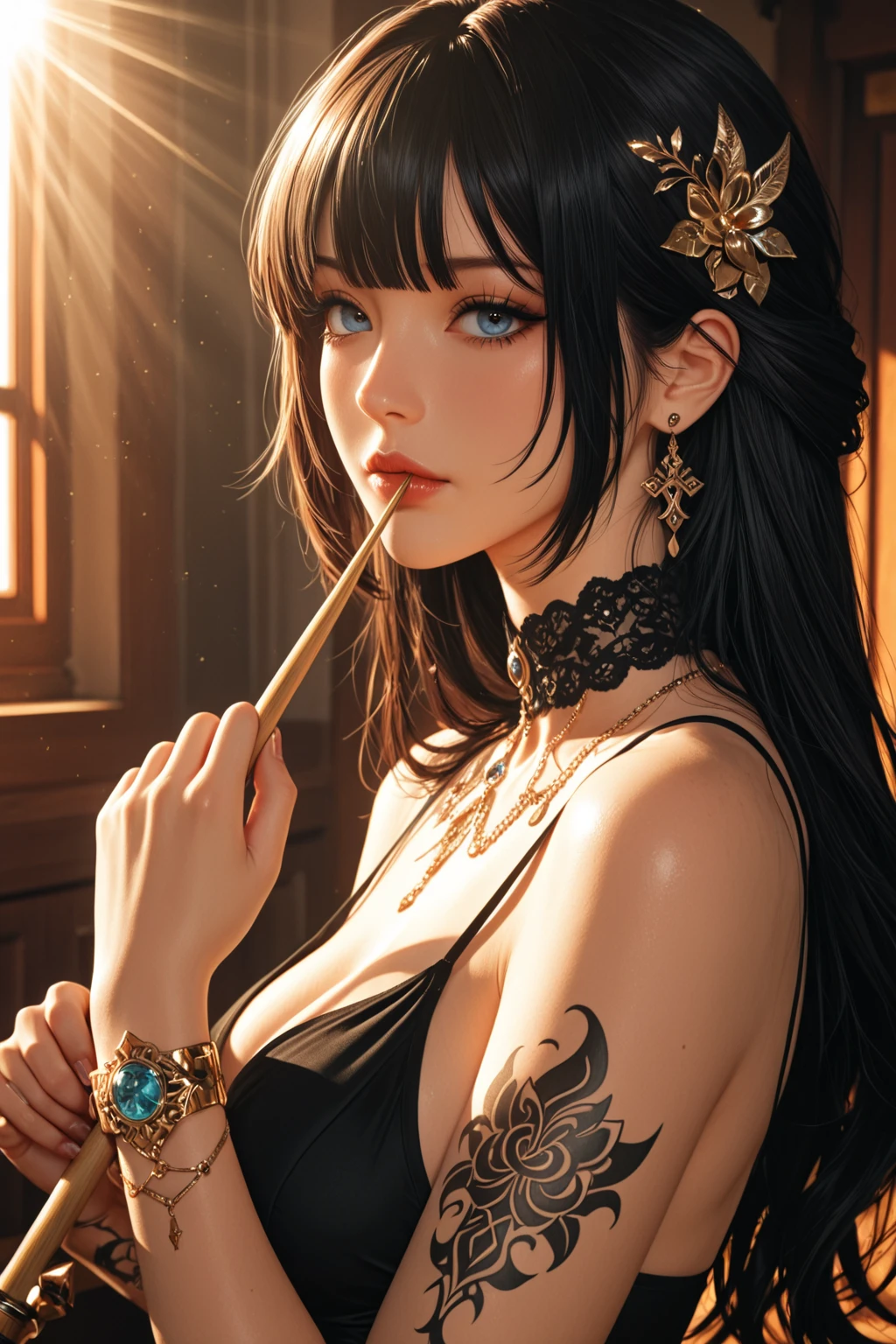 (RAW Photo, Best Quality), (Realistic, Photo Realistic: 1.3), Best Quality, Highly Detailed, Masterpiece, Hyperdetail, Illustration, 1 Girl, Forehead with Painting, upper_body, Dynamic Angle, World Masterpiece Theater, messy_long_hair, Best Quality, Extremely Detailed CG Unified 8k Wallpaper, Ink, Amazing, Cinematic Lighting, lens_flare,dunhuang_style