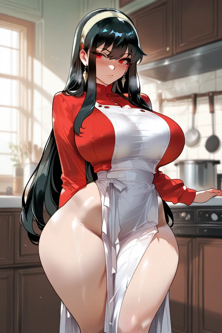((masterpiece)), ((Highest quality)), (Very detailed), Absurd, Very detailed CG Unity 8k 벽지, Official Art, Exact shape description, Beautiful Face, Detailed hands, Expressive eyes, Upper Body, View your viewers, alone, (Realistic), expansion, From behind, (Are standing, Dynamic pose,  smile:1.2), (kitchen, Dramatic Light, vision, figure:1.1), (1 female, Mature Woman, Mature Woman, Huge breasts, Huge Ass, Red lips, Wide Hips, Charm, Long Hair, Wavy Hair, Black Hair, blue eyes, amount:1.4), (Red Shirt, Black trousers, Long sleeve, White apron:1.3), ((masterpiece)), ,Absurd, High resolution 