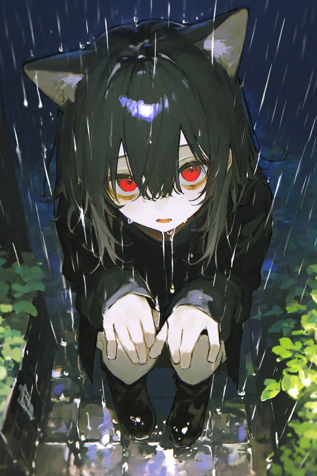 (well done: 1) small creature made completely of darkness, black hair, long straight hair, black sheep ears, black sheep tail, large hat, large white eyes, black poncho with hood, white dress stripped underneath, black boots .