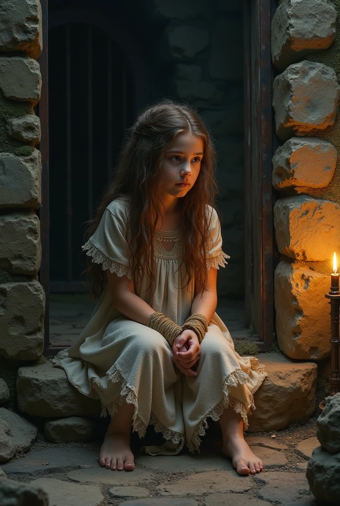 Adorable Young girl (9 years old) big beautiful eyes blonde hair in a satanic temple worshipping Lord Satan