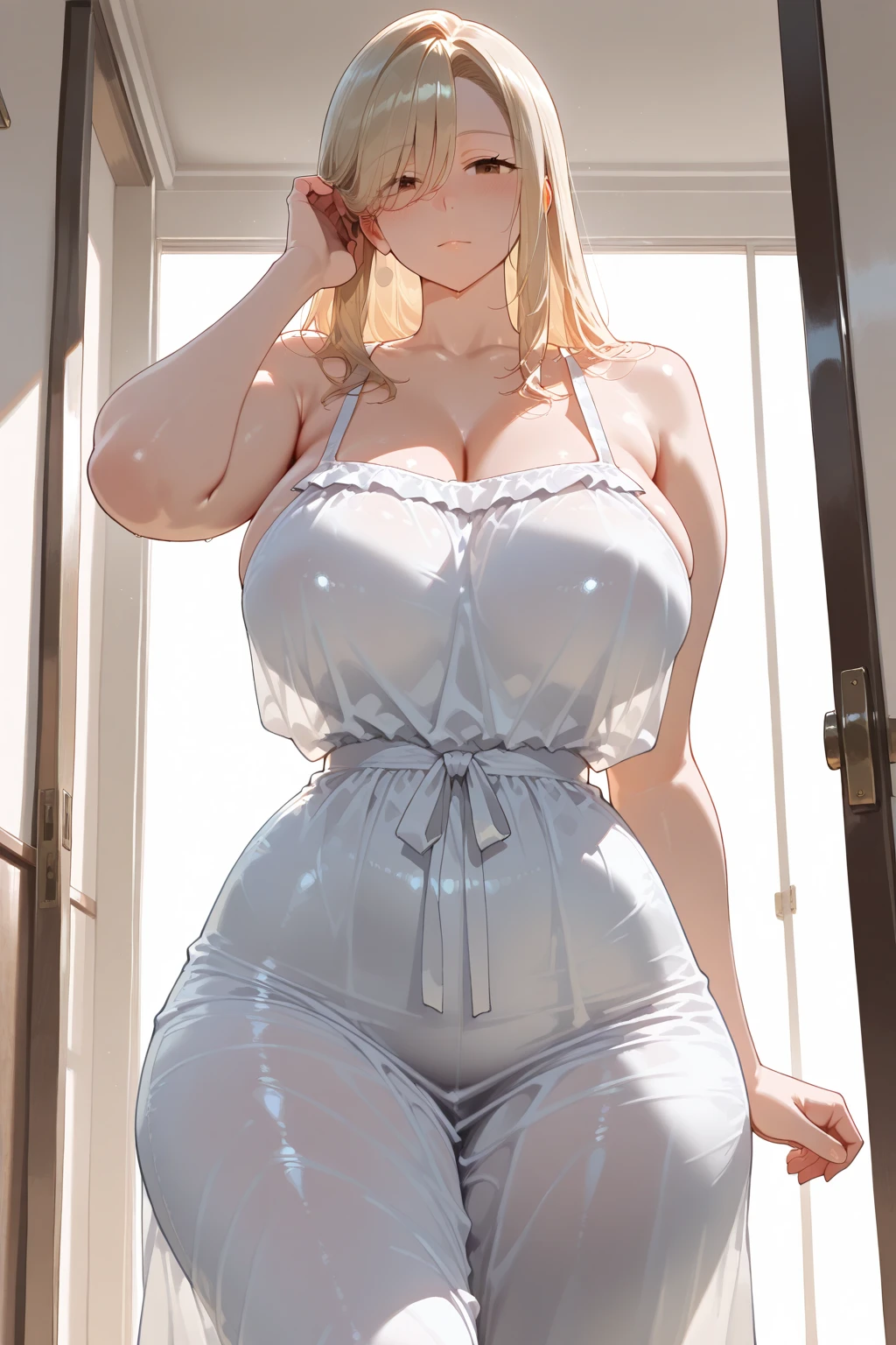 Pale skin, Piercing, Classic tattoos, Long eyelashes, Big eyes, Happy face, Blonde hair, Short hair, Braided hair, Boots, Intricate clothes, Full body, Standing, Summer, Ancient city, Day light, Hard light, Anime, Woman, One, White, White, Gnome, Large breasts, Big ass, Thick thighs, Antique clothing, 40 Years old, Fat, Leather costume, Sleeveless t-shirt, Medieval clothes, Leggins