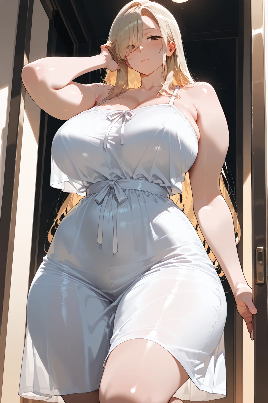 score_9, score_8_up, score_7_up, score_6_up, BREAK sunnysundown, milfpeaches, curvy, huge breasts, huge thighs, wavy hair, long hair, blonde hair, blue eyes, tube dress, long dress, white dress, white high heels, close-up, indoors, standing, looking at viewer, seductive smile