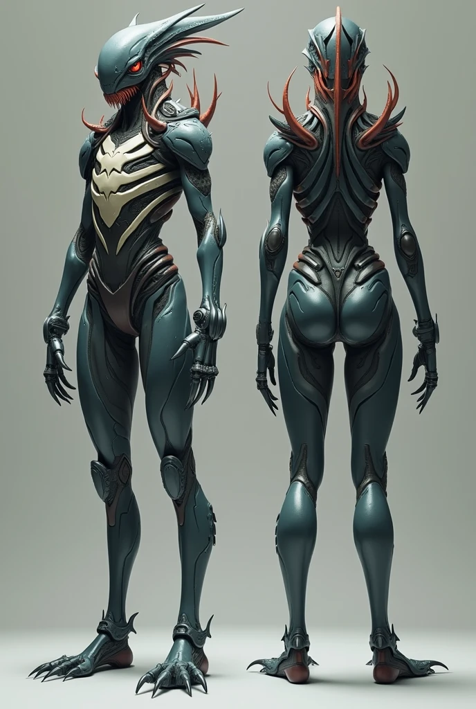 Cartoon photo of woman in green and red costume, hot insect humanoid woman, Guyver style, SFW version, red eye, scaraber reploid, tail, cel shade adult animation, alien queen, serpentine pose,