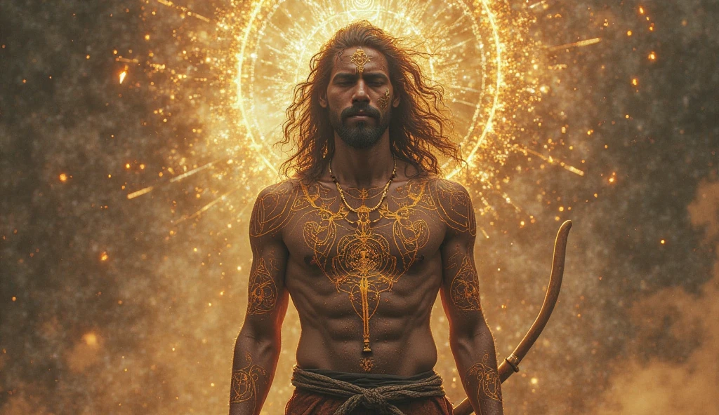 young brazilian man (20 year old appearance) indigenous people with traditional indigenous clothing, tall and handsome, with hair on fire. (bonitas)