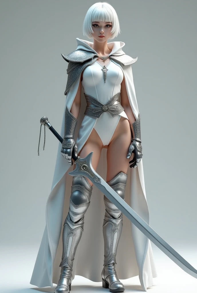 close-up, woman (short blonde hair), wearing ((white cape, armor shouders, metal boots, short silver gloves, silver skirt, white compression bodysuit with sleeves, white sleeve compression pants)), standing, looking at viewer, front view, (Forest), HDR